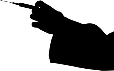 Digital png silhouette image of hand with vaccine on transparent background