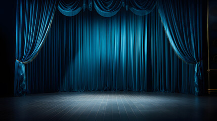 Fototapeta premium Blue stage curtains. Empty theater stage with blue velvet curtains. Spotlight showtime copy space