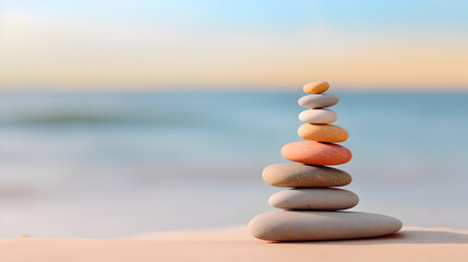 A minimalist view of a perfectly stacked arrangement of colorful pebbles on a serene beach, Pebble Stack in Minimalist zen balance, Stack of stones on the beach promoting mediation yoga mindfulness - obrazy, fototapety, plakaty