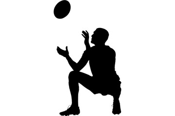 Digital png silhouette of male rugby player catching ball on transparent background