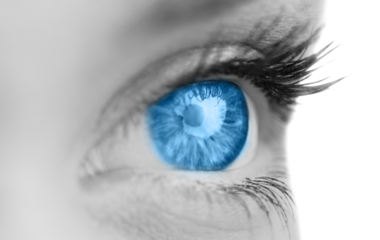Digital png illustration of close up of blue open eye on transparent background
