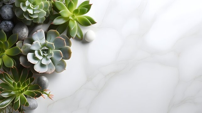 beautiful succulent plants and round decoration pebbles arranged on top left corner of light gray marble background. top view, flat lay. Minimalism decoration.