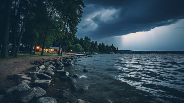 Tranquil lakeside with an impending thunderstorm