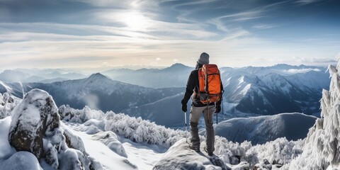 Hiker with backpack standing on top of the mountain and enjoying the view