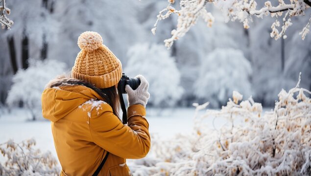 Female photographer taking picture of beautiful winter forest landscape with snow covered trees.