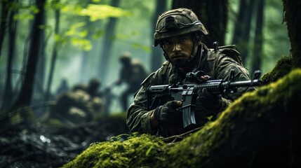 Army soldier with assault rifle in the forest. - obrazy, fototapety, plakaty