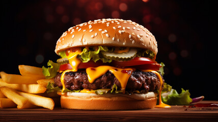 close up cheese hamburger with fries  background, AI