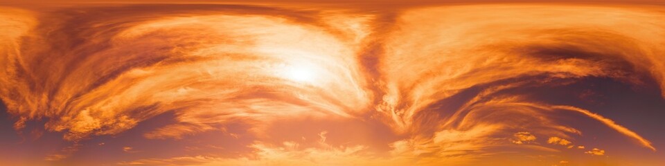 Glowing red orange sunset sky 360-degree panorama in seamless hdr equirectangular format, full...