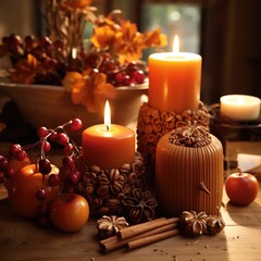 Fototapeta na wymiar Thanksgiving-themed candles and candleholders, often scented with warm spices, fill the air with a cozy and inviting fragrance, Generative AI