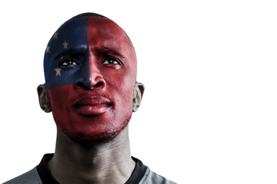 Digital png photo of african american man with flag of samoa on transparent background - Powered by Adobe