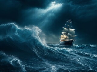 Atmospheric image of a ship sailing in a storm at sea, thunderstorm and storm at sea