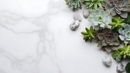  Green succulent plants and patterned decorative pebbles arranged on top right corner of light gray marble background. top view, flat lay. Minimalism decoration.