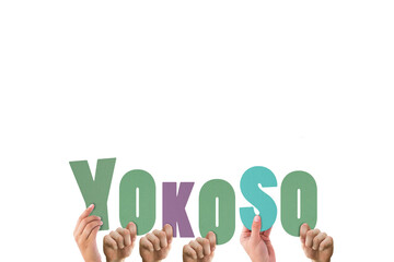 Digital png illustration of hands with yokoso text on transparent background