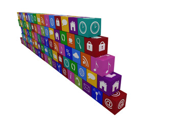 Digital png illustration of colourful cubes with icons on transparent background