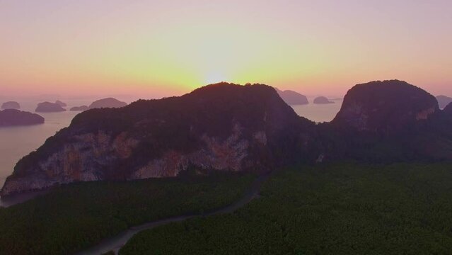 aerial photography sunrise above islands in Phang Nga gulf..from Samednangshe viewpoint you can see all islands in Phang Nga gulf. .Samednangshe is a new viewpoint and new landmark in Phang Nga..