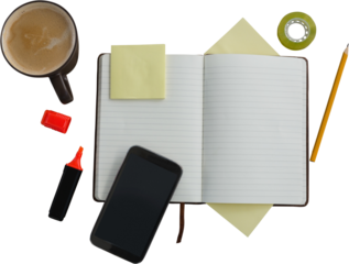Digital png photo of notebook, mug of coffee and smartphone on transparent background