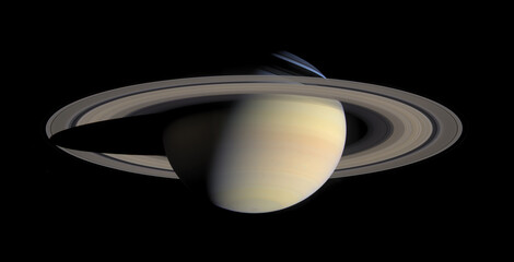 Saturn, planet and universe for solar system, nebula or science with mock up space on black background. Galaxy, rings or innovation with research, milky way or astrology for exploration and discovery © Arcurs Corp/peopleimages.com