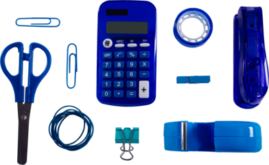 Digital png illustration of blue office equipment with calculator on transparent background