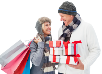 Digital png photo of happy caucasian senior couple with presents on transparent background