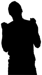 Digital png silhouette image of sportsman raising hands on transparent background