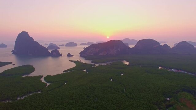 aerial photography sunrise above islands in Phang Nga gulf..from Samednangshe viewpoint you can see all islands in Phang Nga gulf. .Samednangshe is a new viewpoint and new landmark in Phang Nga..