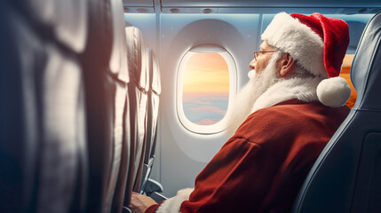 Santa Claus is getting ready to travel the world to meet children. Santa Claus in airplane.