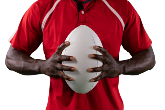 Digital png photo of african american male rugby player with ball on transparent background