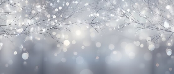 Sparkling silver branches on a light silver blur background, creating a magical and festive atmosphere. Template for Christmas and New Year cards, social media posts, and website designs. Copy space.