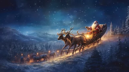 Fotobehang Santa Claus riding in a sleigh pulled by reindeer across a starlit sky, symbolizing the magical journey on Christmas Eve © kwanchaift