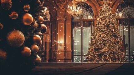 An image of a beautifully adorned Christmas tree with twinkling lights, baubles, and ornaments