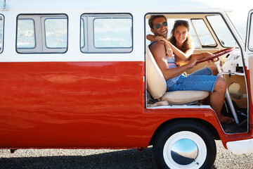 Caravan, transport and couple on road trip, travel and vacation with portrait of people in...