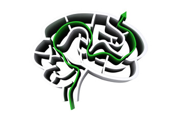 Digital png illustration of brain model with green arrow on transparent background