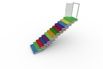 Digital png illustration of colourful books with door on transparent background