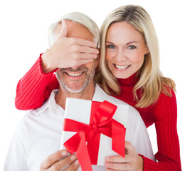Digital png photo of happy caucasian couple giving present on transparent background