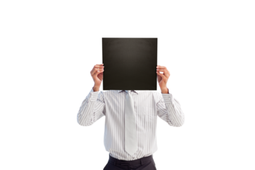 Digital png photo of caucasian businessman holding square with copy space on transparent background