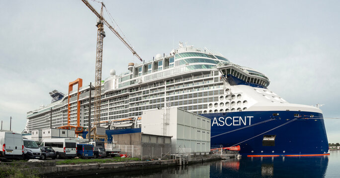 Cruise ship under construction at the shipyards. Celebrity Ascent is a cruise ship for Celebrity Cruises built at the Chantiers de l’Atlantique Saint-Nazaire, France