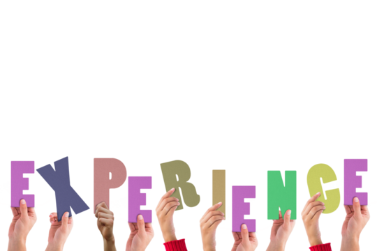 Digital png illustration of hands with experience text on transparent background