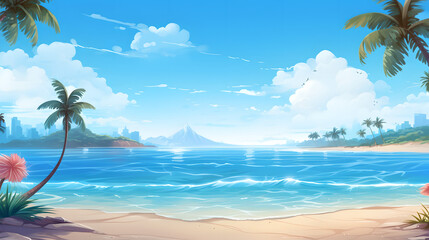 The sea seen from a beautiful coastal beach with buildings and clouds in the background, 2D cartoon style, Generative AI