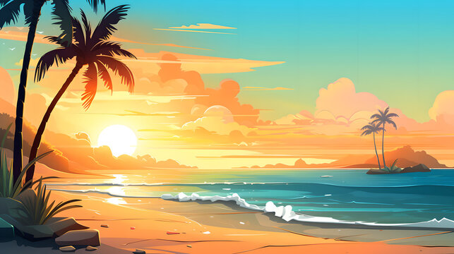 Beautiful coastal sea and cloud background illustration at sunset, 2D cartoon style, Generative AI
