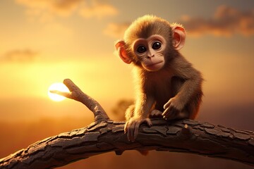 a baby monkey is sitting on a branch at sunset - obrazy, fototapety, plakaty