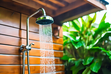 Exterior outdoor shower head in the villa or home building with green garden. Low view - obrazy, fototapety, plakaty
