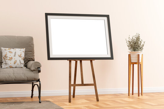 3D rendering of a landscape blank photo frame on an easel stand