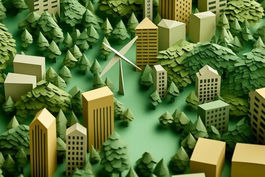 A green paper art image showing trees, city silhouettes, windmills, and solar panels, emphasizing the preservation of ecology and green energy. Generative AI