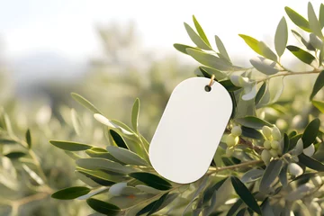 Gordijnen Blank gift tag with rope on olive trees background. Label layout. Invitation tag. Sale, branding concept © Olena