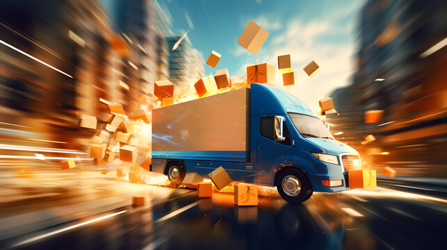 Fast delivery truck with flying cardboard boxes ready to delivery your package
