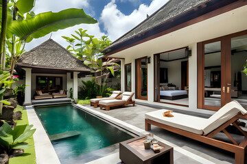 Outdoor and pool terrace in luxury villa at bali indonesia - obrazy, fototapety, plakaty