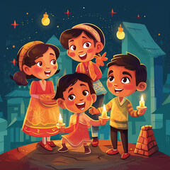 Kids celebrating posadas. Cartoon style vector illustration. - obrazy, fototapety, plakaty
