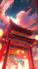 Hand drawn cartoon animation Chinese style festival atmosphere street building background illustration
