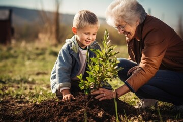 Héritage naturel : Grand-mère et petit-fils plantant un arbre pour l'avenir