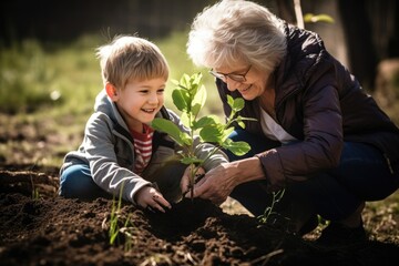 Héritage naturel : Grand-mère et petit-fils plantant un arbre pour l'avenir - obrazy, fototapety, plakaty
